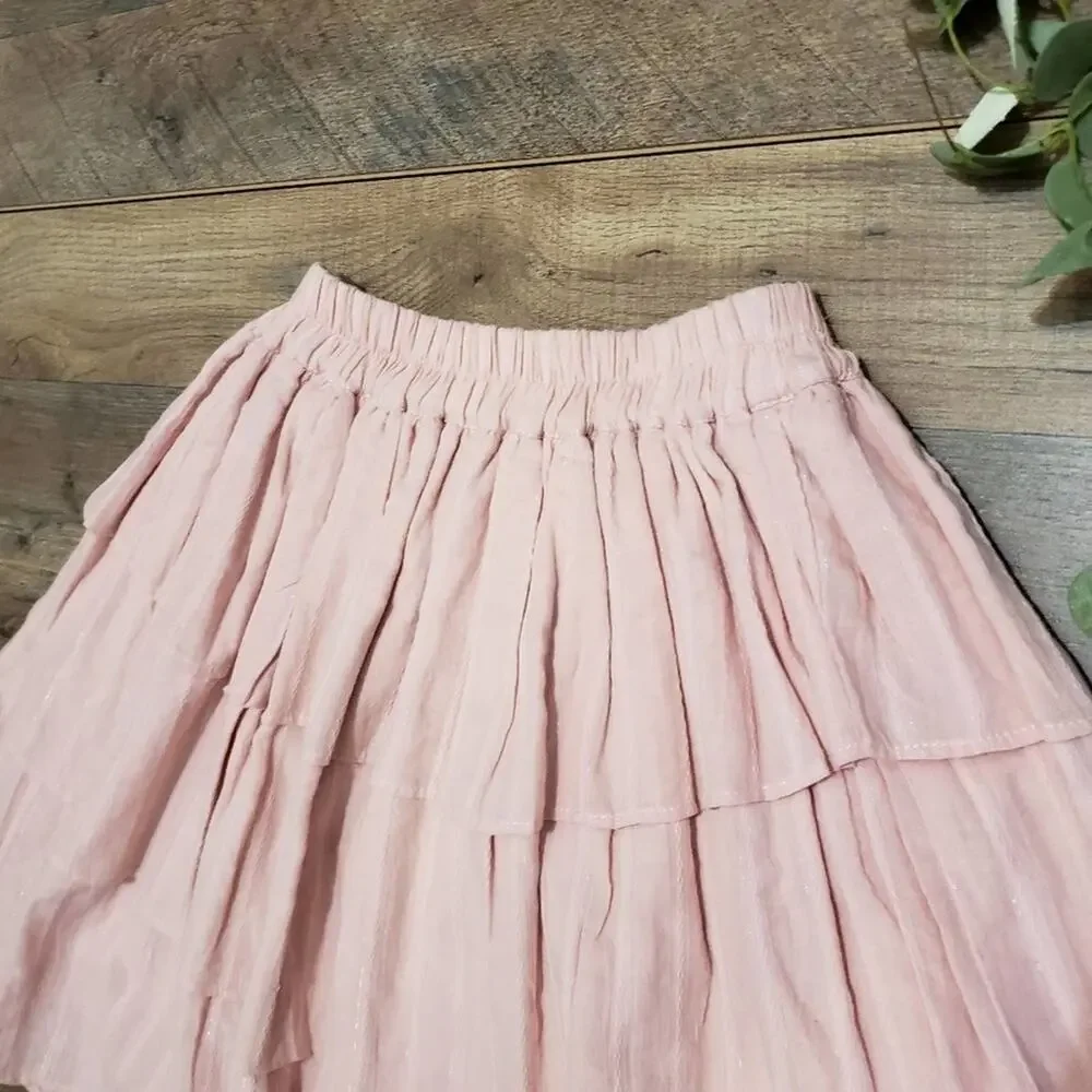 Steele Moonlight Frill‎ Skirt in Rose Pink Tiered Pull On Skirt by Revolve XS